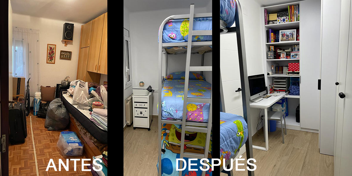 Dormitorio infantil antes y después de la reforma